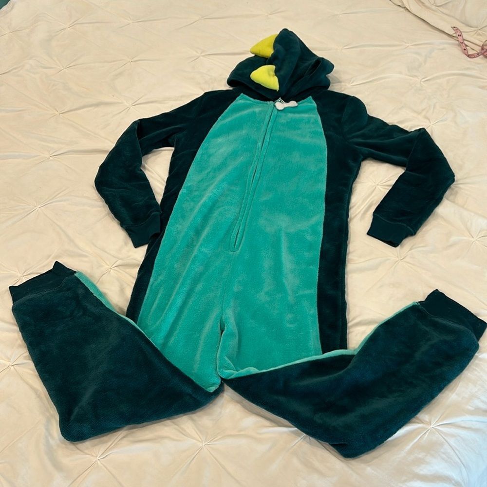 SO Intimates Women's Green Dinosaur Front Zip Long Sleeves Hoodie Union Suit Med